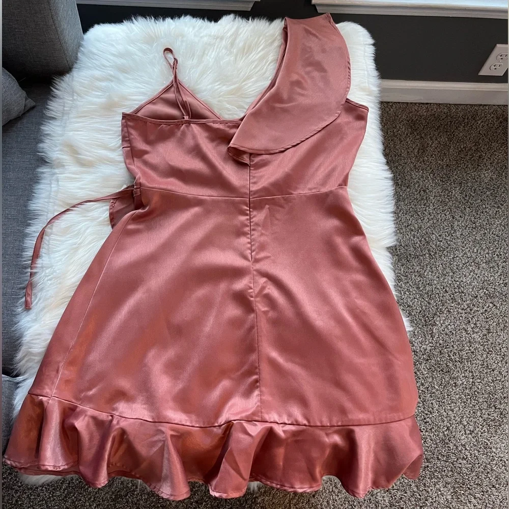 Jack by BB Dakota Blush Pink Satin Ruffled Mini Dress - Picture 6 of 8